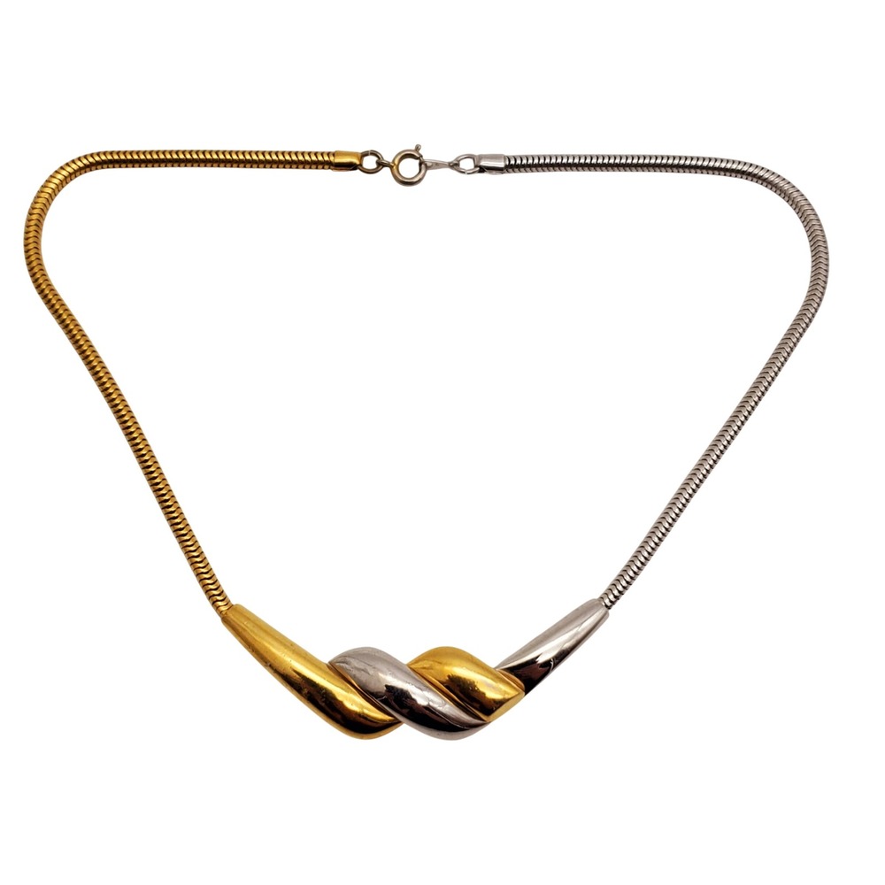Crown Trifari Choker Necklace Gold Silver Twisted Snake Chain Two Tone 1969 MCM